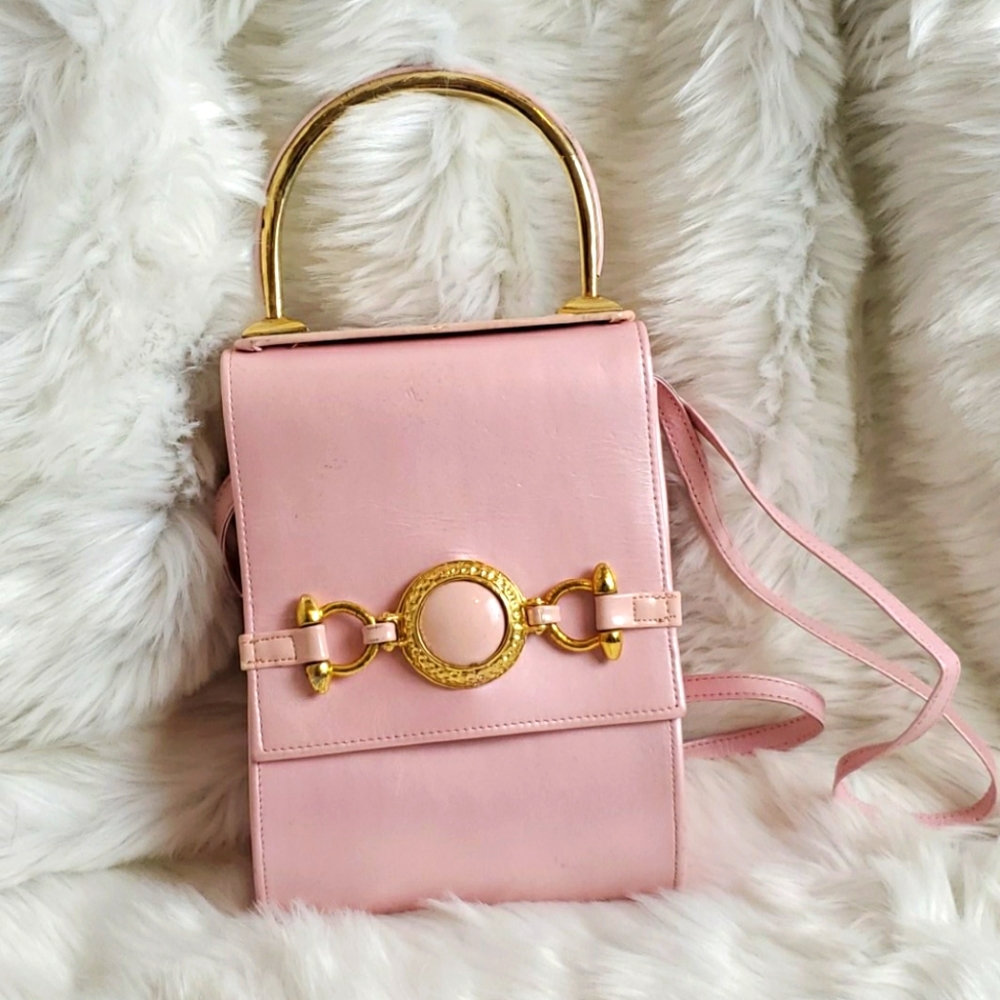Vintage 1995 Nina Arjani Pink Leather Rock Purse Bag Gold Metal Detail